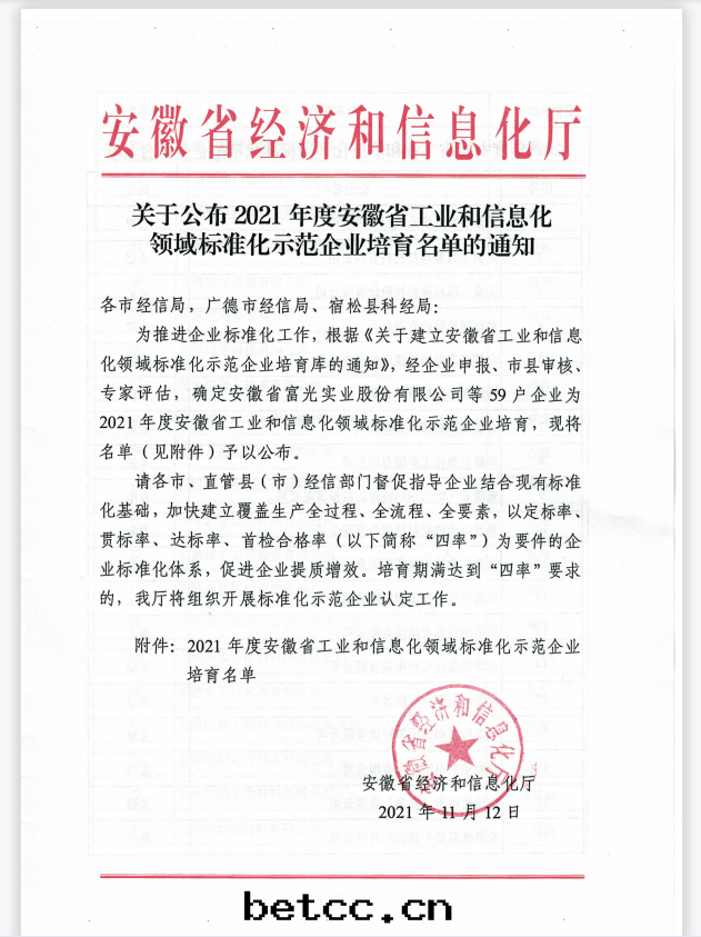2021年(nián)度(dù)安(ān)徽省(shěng)工业和(hé)信(xìn)息化(huà)領域标(biāo)準化(huà)示范企业培育名(míng)单